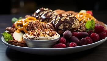 ai generado gastrónomo postre plato con chocolate, fruta, y crema generado por ai foto