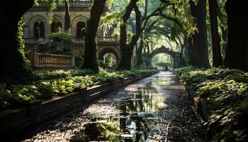 ai generado tranquilo escena de verde árbol en antiguo bosque generado por ai foto