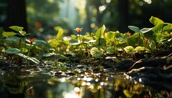 ai generado verde hojas reflejar luz de sol en tranquilo estanque agua generado por ai foto