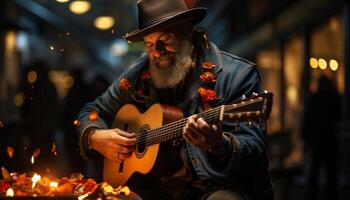 ai generado uno hombre jugando guitarra en etapa a noche generado por ai foto