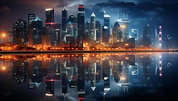 AI generated Modern cityscape at night, skyscrapers reflecting in water generated by AI photo