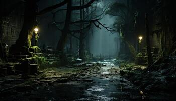 AI generated Spooky forest, dark mystery, evil walking in nature generated by AI photo