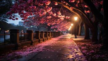 AI generated Blossoming cherry tree illuminates night, nature beauty generated by AI photo