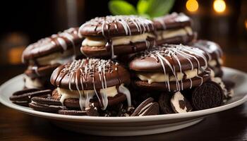 AI generated Stack of homemade chocolate chip cookies on wooden table generated by AI photo