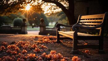 ai generado sentado en un banco, disfrutando otoño tranquilo belleza generado por ai foto
