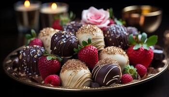 AI generated Gourmet dessert, chocolate truffle, strawberry, raspberry, candy generated by AI photo