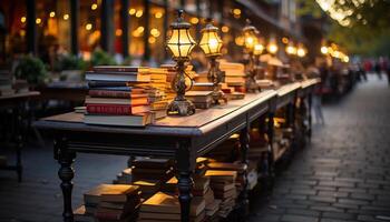 AI generated Stack of old books on wooden table generated by AI photo