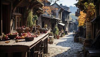 AI generated Wooden table with fresh fruits, rustic lanterns outdoors generated by AI photo