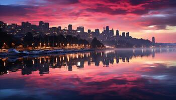 ai generado paisaje urbano a atardecer, reflejando rascacielos en urbano horizonte generado por ai foto