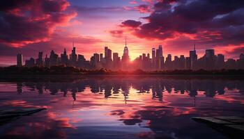 AI generated Cityscape silhouette reflects on water at sunset generated by AI photo