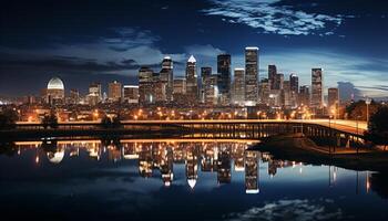 AI generated Bright city lights illuminate the modern urban skyline generated by AI photo