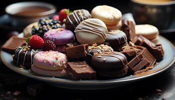 AI generated Gourmet dessert, chocolate donut with fresh strawberry generated by AI photo