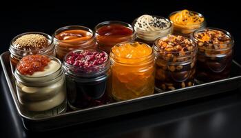 AI generated Gourmet dessert collection in a glass jar generated by AI photo