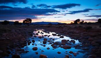 ai generado puesta de sol terminado el tranquilo línea costera, reflejando en agua generado por ai foto