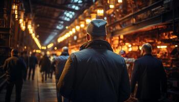 ai generado irreconocible persona caminando en el iluminado ciudad a noche generado por ai foto