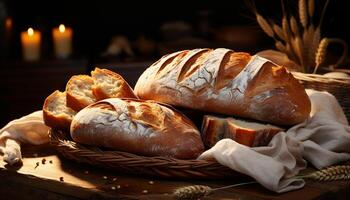 AI generated Freshly baked bread on wooden table, healthy and delicious generated by AI photo