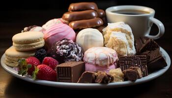 ai generado gastrónomo postre lámina, chocolate, frambuesa, fresa, café generado por ai foto