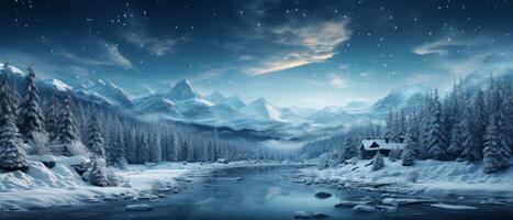 AI generated Enchanted Winter Night in Snowy Forest photo