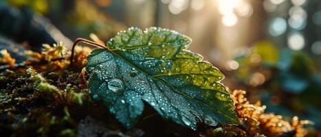 AI generated Lush green leaves glistening with morning dew drops against a backdrop of soft sunlight and bokeh photo