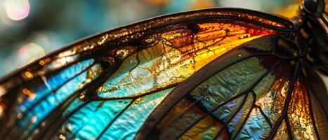 AI generated A detailed close-up of the vibrant wing of a butterfly photo