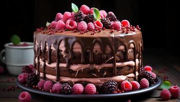 AI generated Indulgent chocolate raspberry dessert on wooden table generated by AI photo