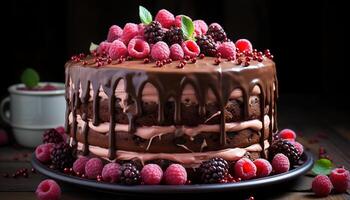 ai generado indulgente chocolate frambuesa postre en de madera mesa generado por ai foto