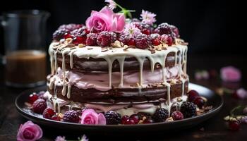 AI generated Gourmet chocolate cake with raspberry cream and decoration generated by AI photo
