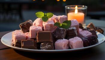 AI generated Sweet food on plate, chocolate candy snack generated by AI photo