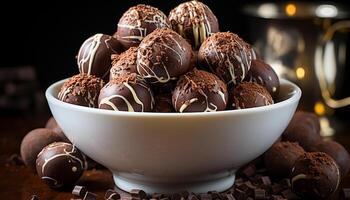 AI generated Gourmet chocolate truffle ball, indulgence on wood generated by AI photo