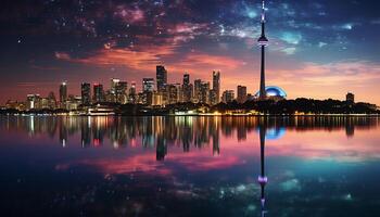 AI generated Glowing cityscape reflects in water at dusk generated by AI photo