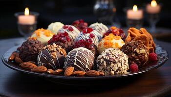 AI generated Indulgent gourmet dessert, dark chocolate truffle with raspberry generated by AI photo