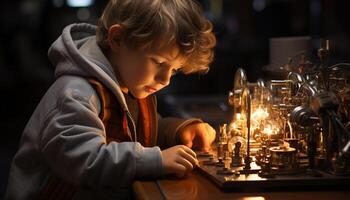 AI generated Smiling boys playing with fire, enjoying indoor fun generated by AI photo