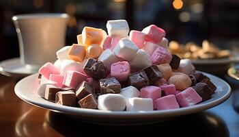 AI generated Sweet food, gourmet candy, multi colored marshmallow, unhealthy indulgence generated by AI photo