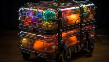 AI generated Old fashioned wooden suitcase packed with fresh fruits and meals generated by AI photo