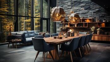 AI generated Modern wood chair in elegant, luxurious dining room generated by AI photo