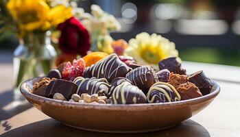 ai generado gastrónomo postre, chocolate, fruta, flor, dulce, indulgencia generado por ai foto