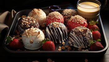 AI generated Gourmet dessert, chocolate truffle, raspberry, strawberry, coconut generated by AI photo
