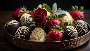 AI generated Chocolate truffle dessert, gourmet indulgence, sweet candy flower generated by AI photo