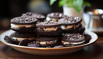 ai generado apilar de hecho en casa chocolate chip galletas en de madera mesa generado por ai foto