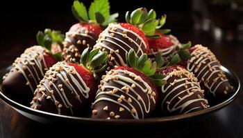 AI generated Indulgent homemade chocolate dipped strawberry on a plate generated by AI photo