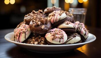 ai generado gastrónomo postre plato con chocolate trufa y almendra generado por ai foto