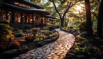 AI generated Tranquil scene of a formal garden in spring generated by AI photo