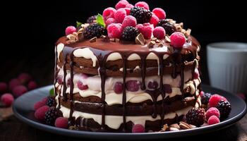 AI generated Homemade chocolate raspberry dessert on wooden table generated by AI photo