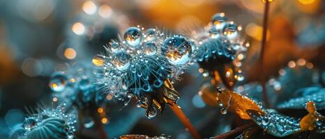 AI generated Macro shot of dew-covered dandelions backlit by the warm glow of the sunrise, creating a bokeh effect photo