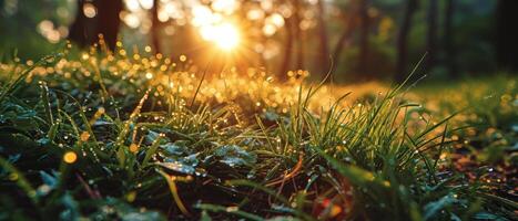 AI generated Early morning dew clings to fresh green grass with the sunrise filtering through a peaceful forest clearing photo