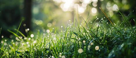 AI generated Early morning light catches the dew drops on lush green grass, creating a tranquil and refreshing scene photo