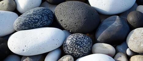 AI generated A diverse collection of patterned pebbles in white, gray, and black photo
