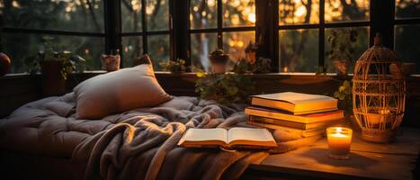 AI generated Cozy Reading Nook at Golden Hour photo