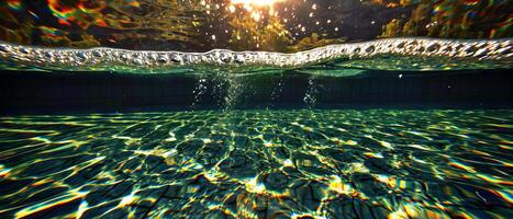 AI generated Sunlight dances through water creating a mesmerizing pattern of light and shadow underwater photo