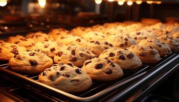 ai generado recién horneado hecho en casa chocolate chip galletas en enfriamiento estante generado por ai foto